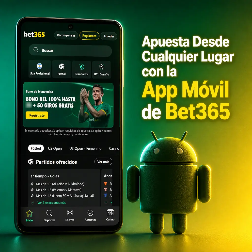 App móvil de Bet365 para Android e iOS con apuestas deportivas, casino en vivo, streaming y notificaciones push.