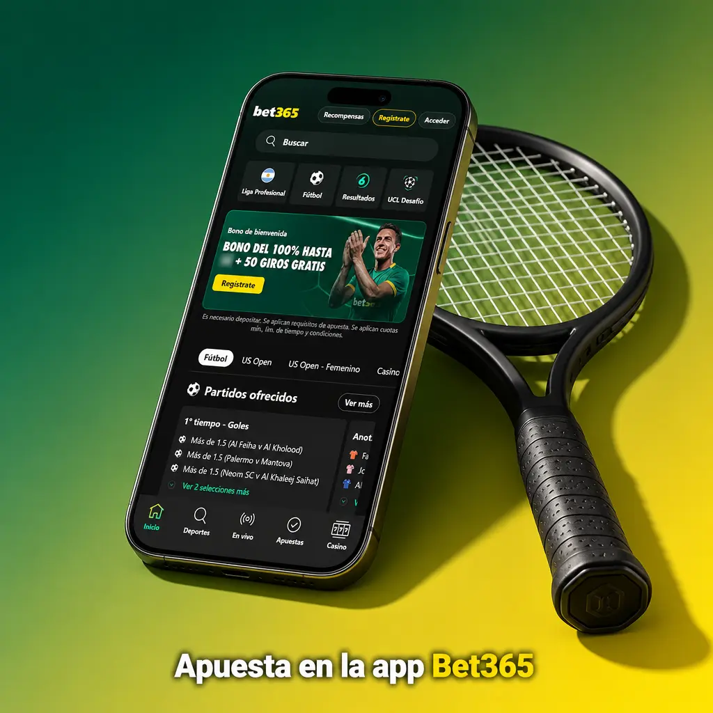Pantalla de la app Bet365 mostrando mercados en directo, cuotas actualizadas y opciones de apuesta simple, combinada o sistema.