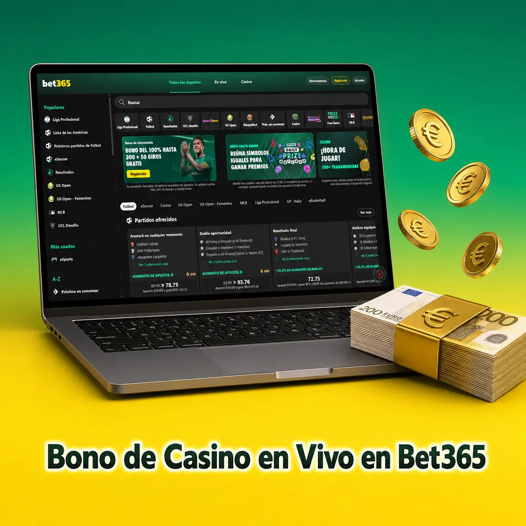 Bono de casino en vivo de Bet365: hasta 200 EUR en créditos de apuesta más 50 giros gratis para nuevos usuarios en España.