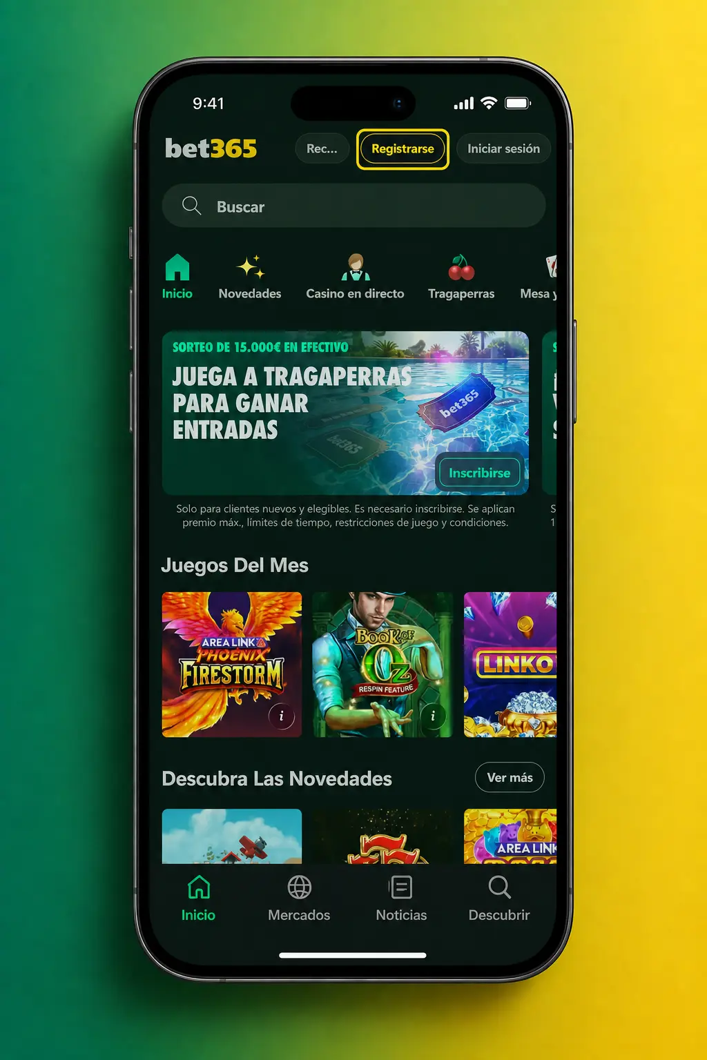 Pasos para jugar a las tragaperras en Bet365: iniciar sesión, entrar en Casino, elegir juego y pulsar Girar.
