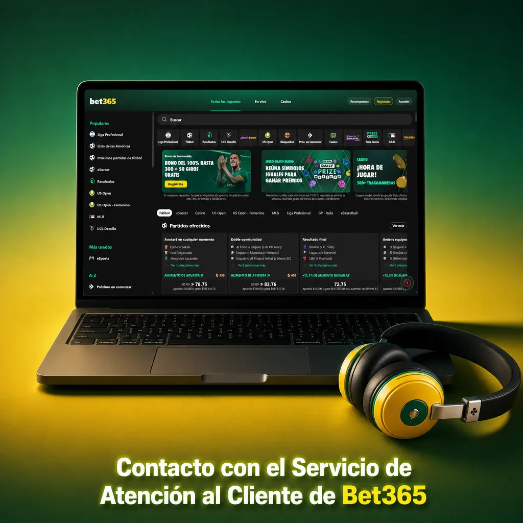 Servicio de Atención al Cliente de Bet365 con opciones de chat, correo, teléfono y centro de ayuda para resolver dudas sobre depósitos.