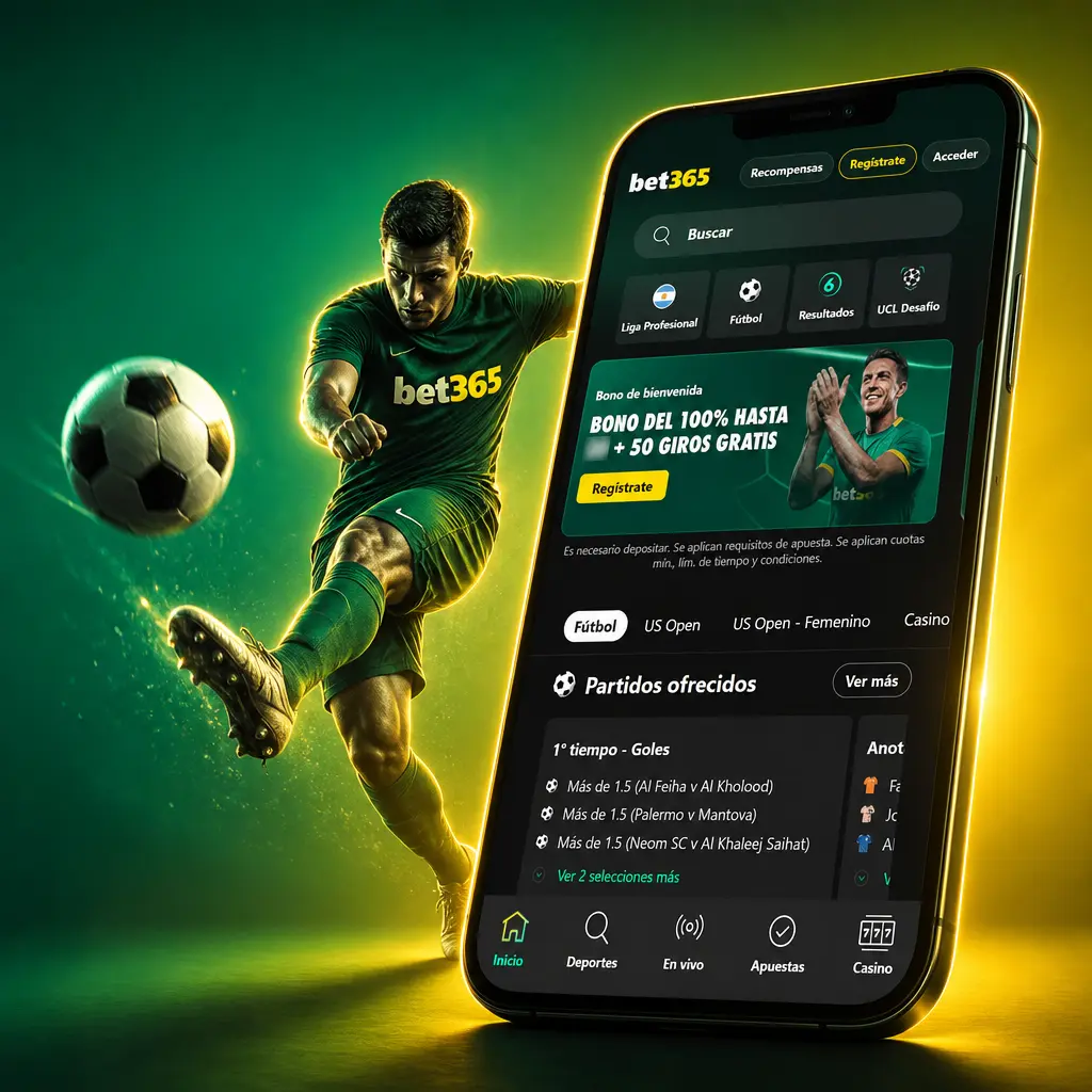 Marcador en directo de fútbol en Bet365 mostrando resultado, minuto de juego, goles, tarjetas y estadísticas del partido.